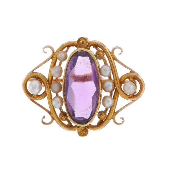 Yellow Gold Amethyst Pearl Edwardian Brooch/Pendant -14k Oval 2.50ct Antique Pin